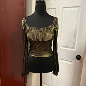 Gold Ruched Ruffled Long Sleeve Blouse